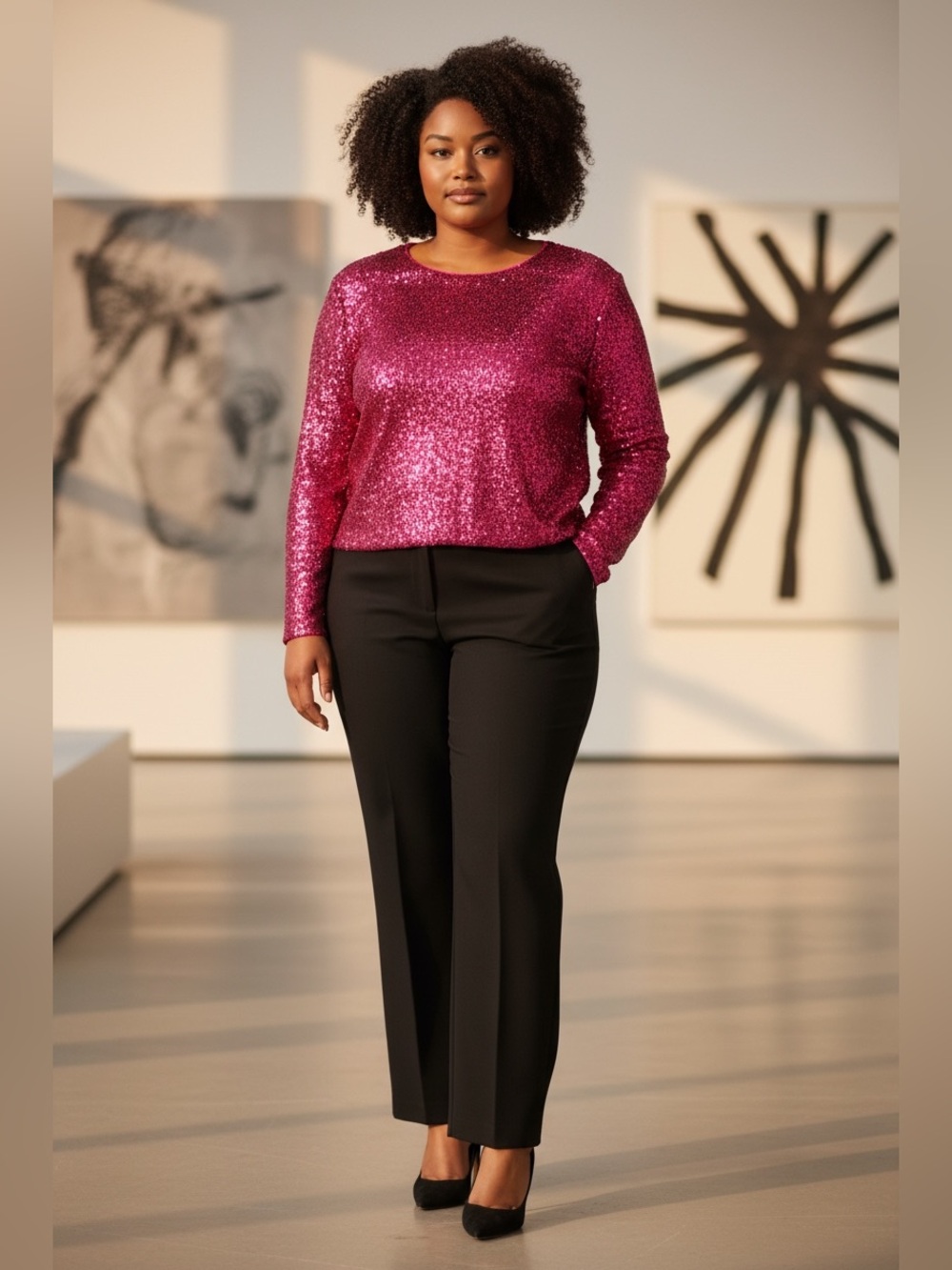 Good American Sparkling Fuchsia Sequin Long-Sleeve Top